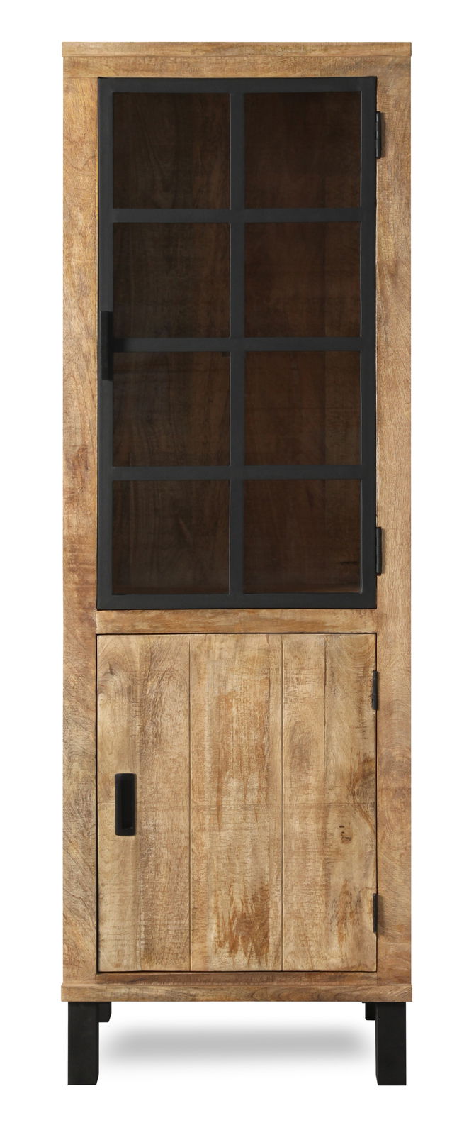 Vitrine aus Holz mit Glastür und schwarzem Metallrahmen, frontal fotografiert.