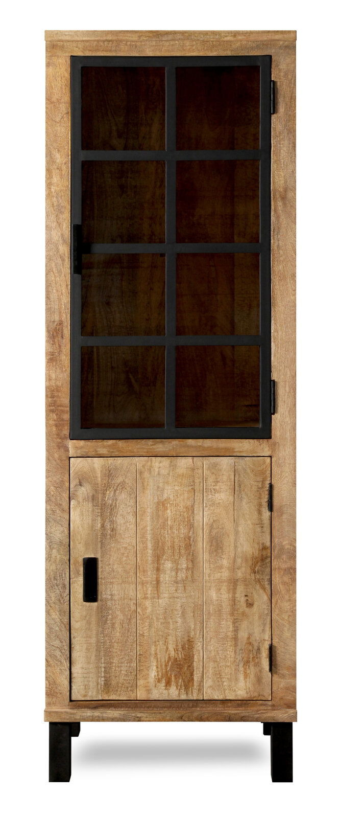 Vitrine aus Holz mit Glastür und schwarzem Metallrahmen, frontal fotografiert.