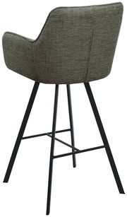 Rückansicht eines modernen Barhockers mit gepolsterter Rückenlehne und schwarzen Metallbeinen.