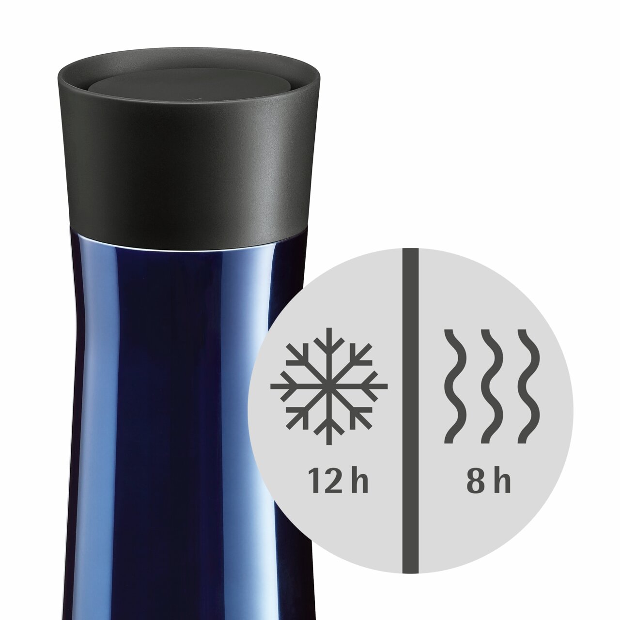 Impulse Isolierbecher 0,35l in seitlicher Ansicht, hält Getränke 12 Stunden kalt und 8 Stunden warm.