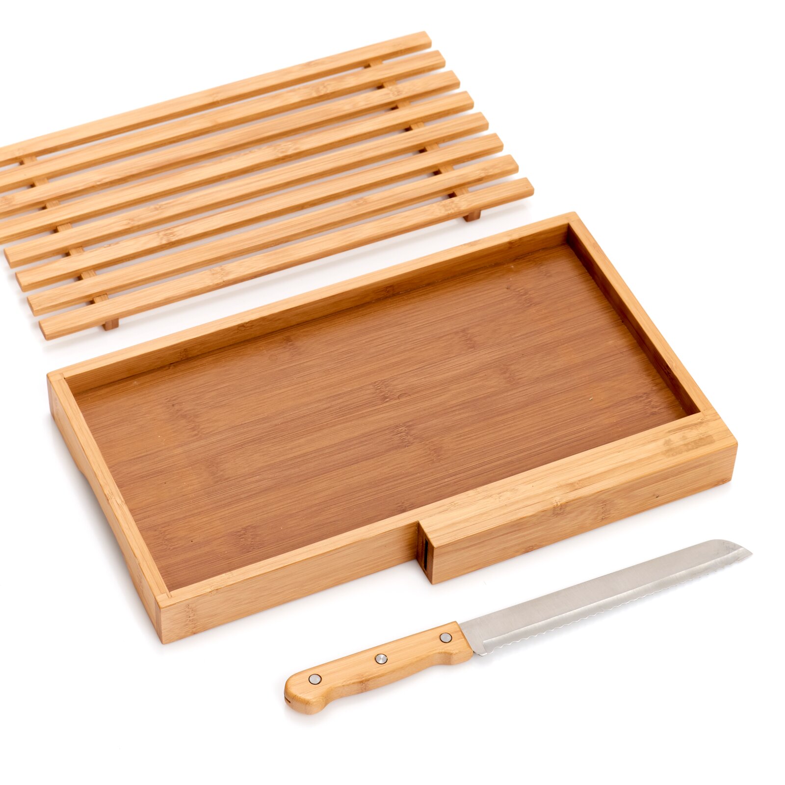 Brot-Schneidebrett aus Holz mit herausnehmbarem Gitter und passendem Brotmesser, Ansicht von oben.