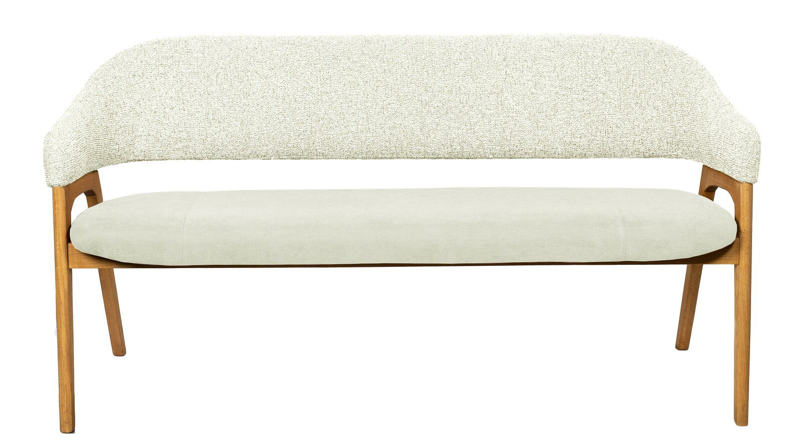 Sitzbank mit hellem Stoffbezug und Holzgestell, Frontalansicht