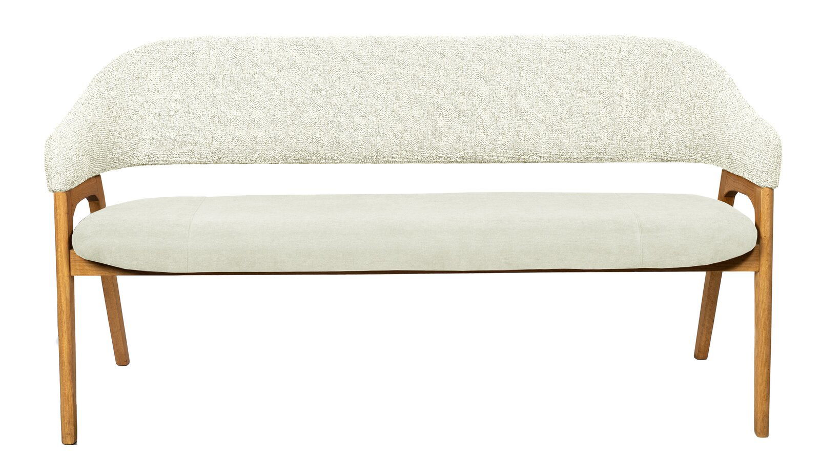 Sitzbank mit hellem Stoffbezug und Holzgestell, Frontalansicht