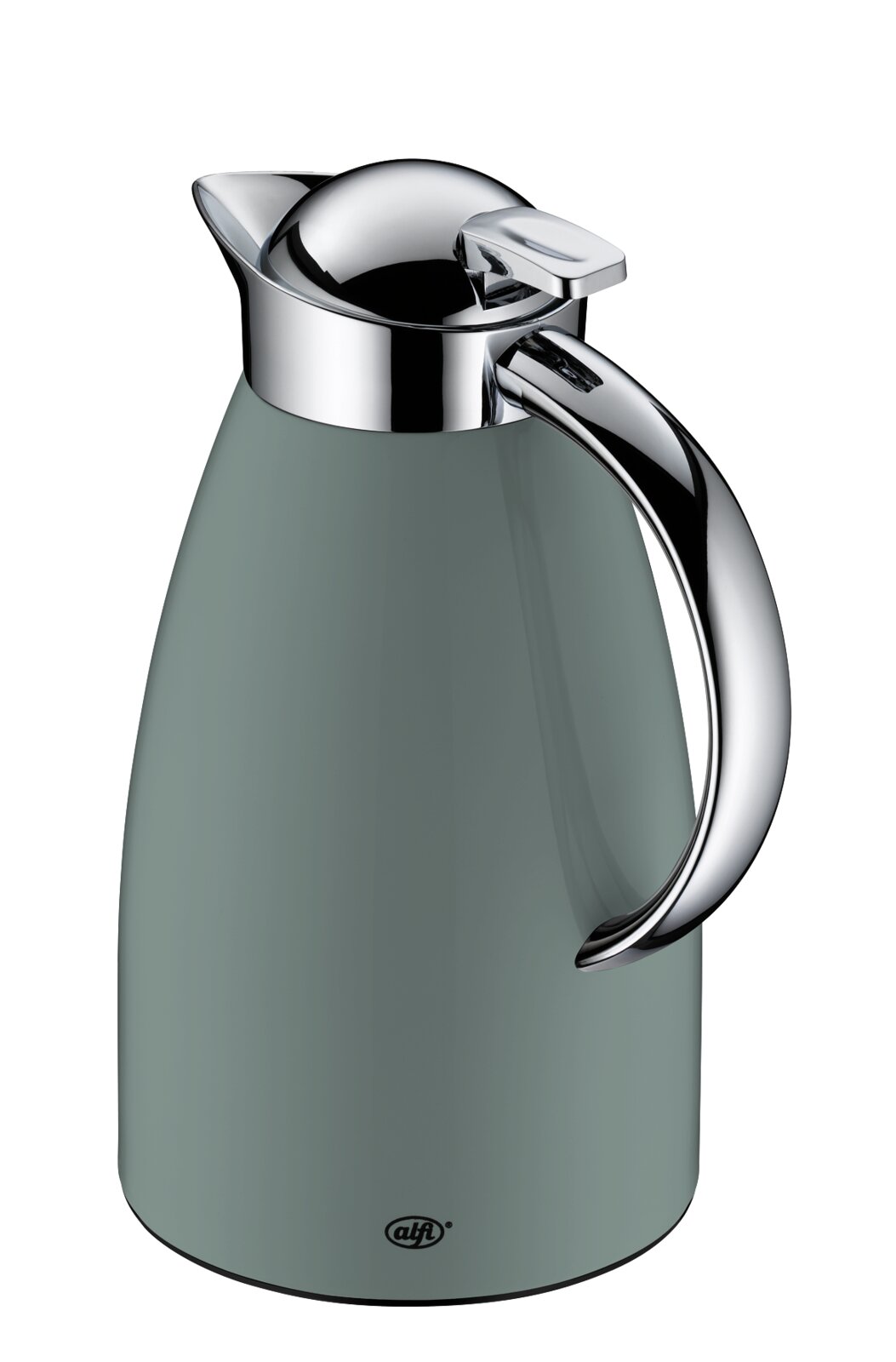 Graugrüne Isolierkanne mit glänzendem Chromdeckel und ergonomischem Chromgriff, seitliche Vorderansicht leicht von oben
