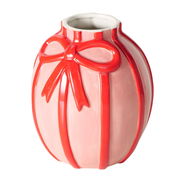 Keramikvase in Geschenkoptik mit roter Schleife, seitliche Perspektive