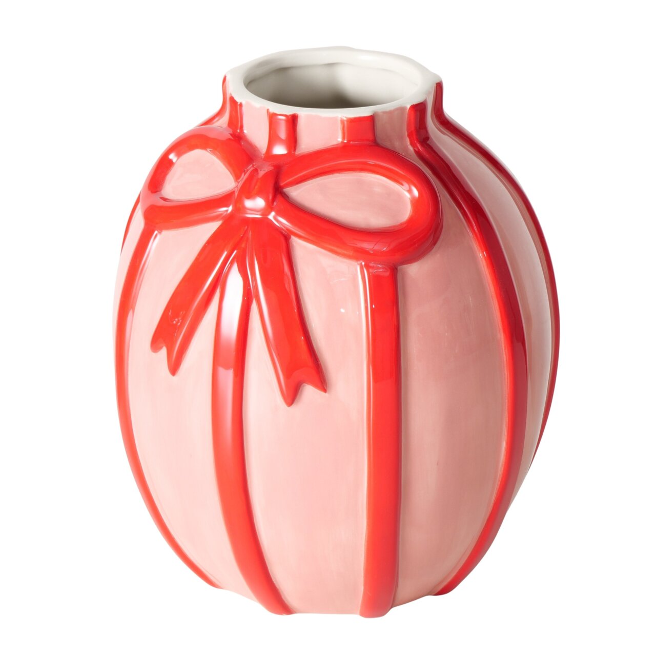 Boltze Vase VOLTA Keramikvase in Geschenkoptik mit roter Schleife, seitliche Perspektive