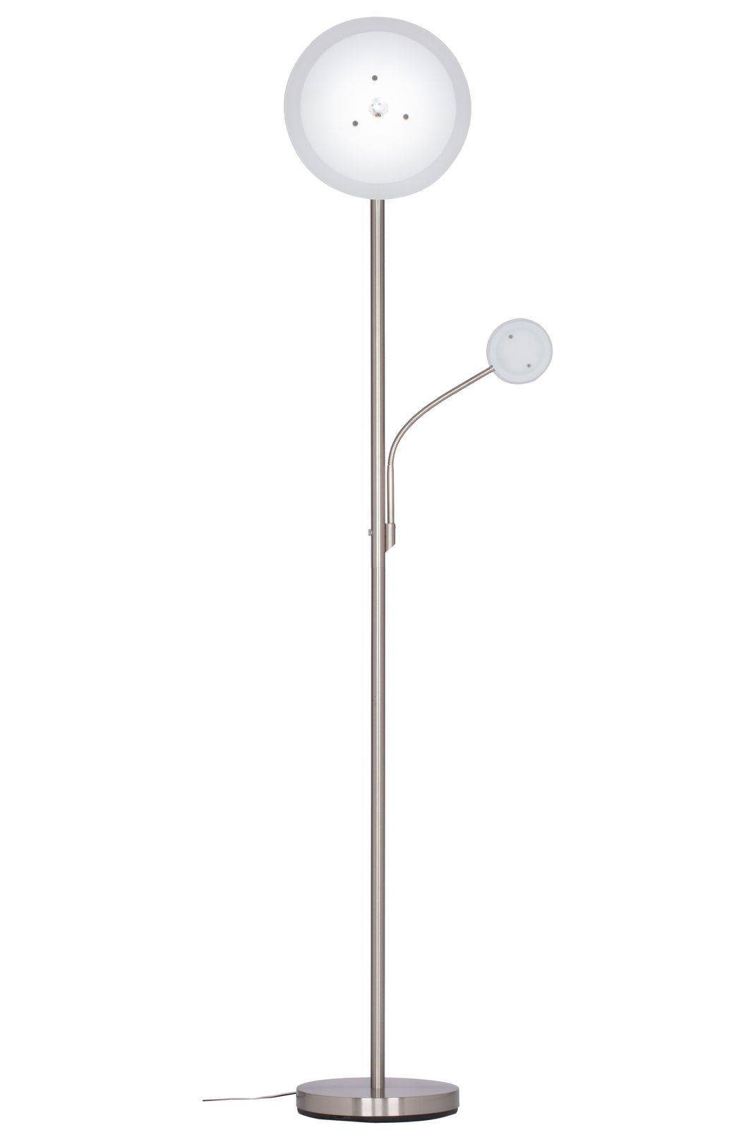 Moderne LED-Stehleuchte mit zwei runden Leuchtköpfen, einer großen und einer kleineren, auf einem schlanken, metallischen Ständer. Frontalansicht.