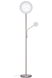 Moderne LED-Stehleuchte mit zwei runden Leuchtköpfen, einer großen und einer kleineren, auf einem schlanken, metallischen Ständer. Frontalansicht.