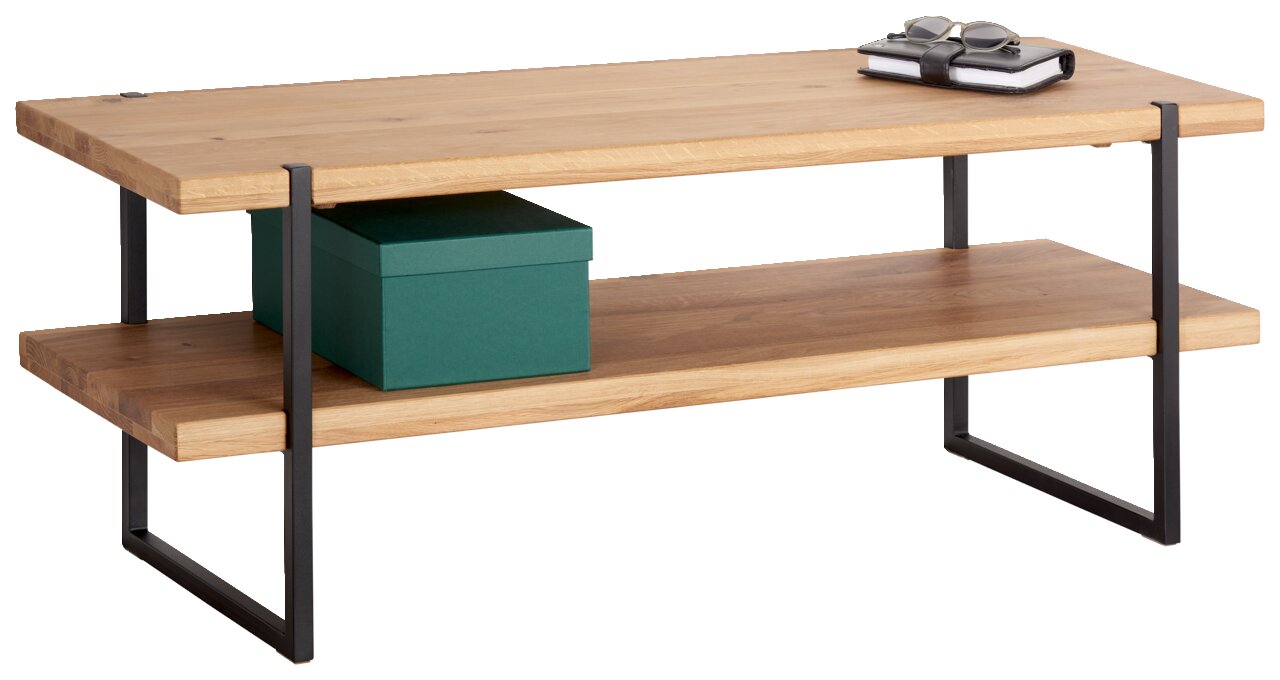 Garderobenbank aus Holz mit zwei Ebenen und schwarzem Metallrahmen, seitliche Perspektive