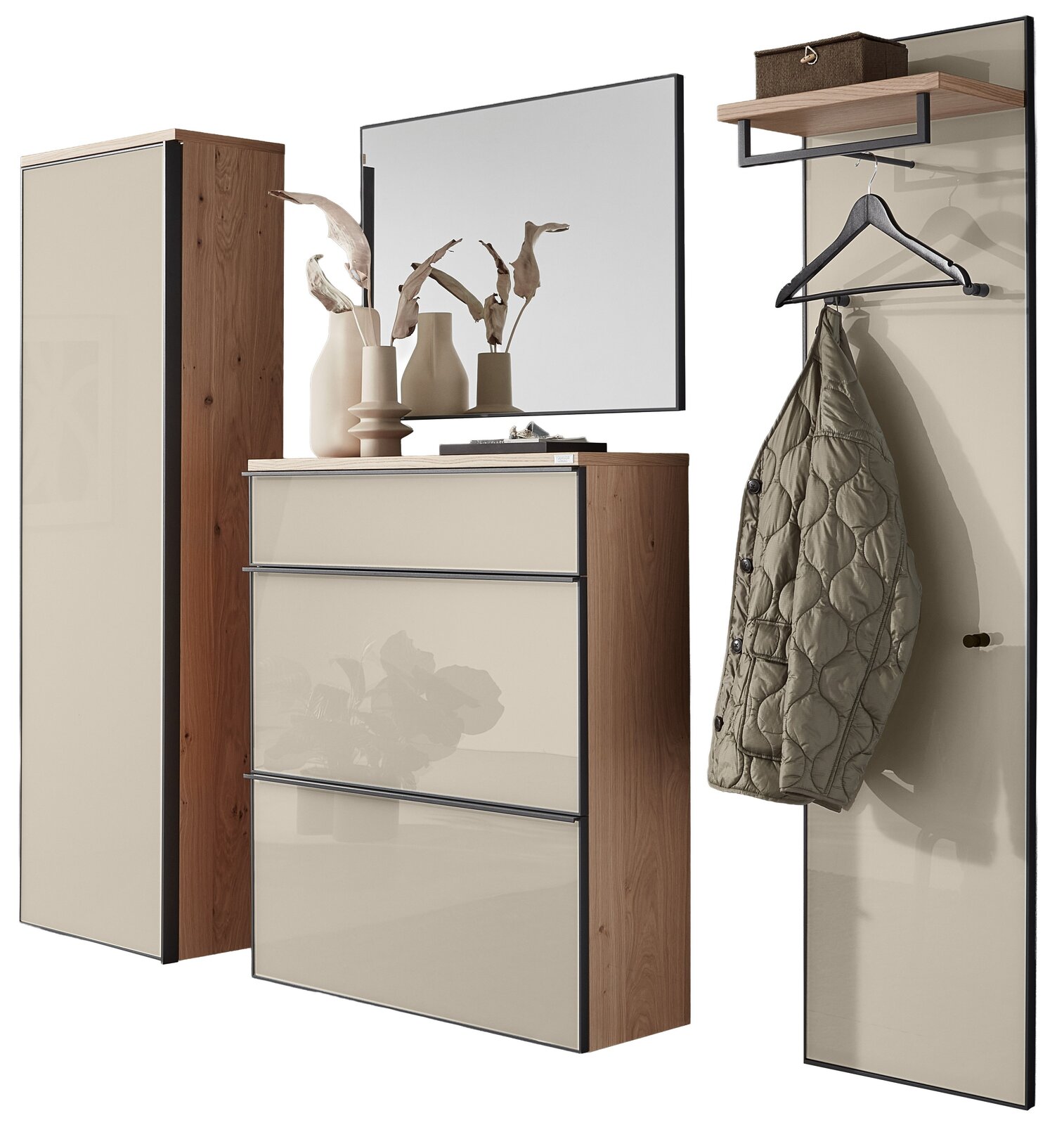 Garderoben-Set 4-tlg. in moderner Holzoptik mit Spiegel, Schrank, Schuhschrank und Wandpaneel mit Kleiderhaken, seitliche Perspektive
