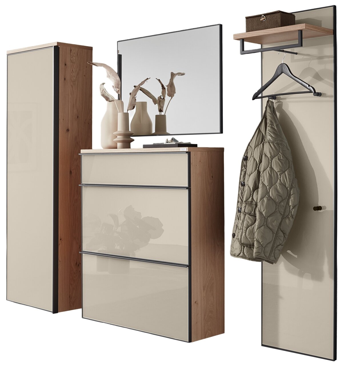 Garderoben-Set 4-tlg. in moderner Holzoptik mit Spiegel, Schrank, Schuhschrank und Wandpaneel mit Kleiderhaken, seitliche Perspektive