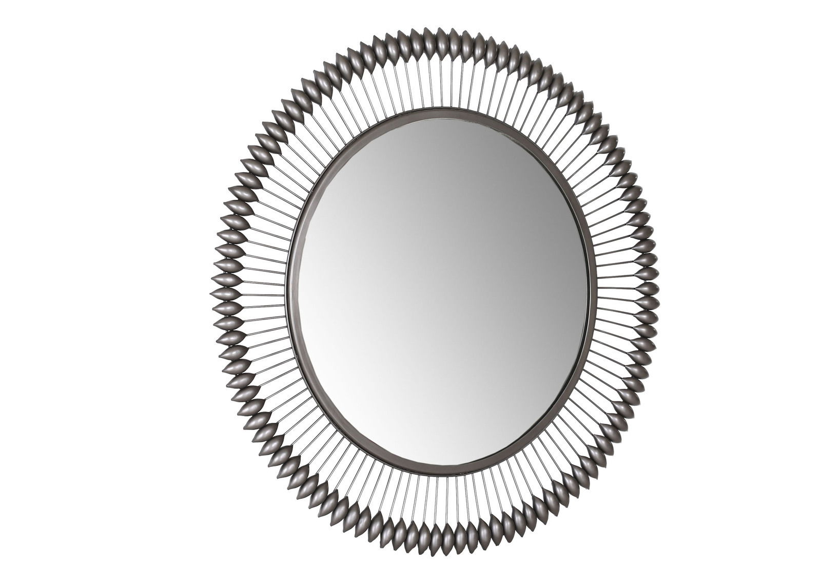 Runder Wandspiegel mit dekorativem, metallischem Rahmen in Sonnenstrahl-Design, Frontalansicht.