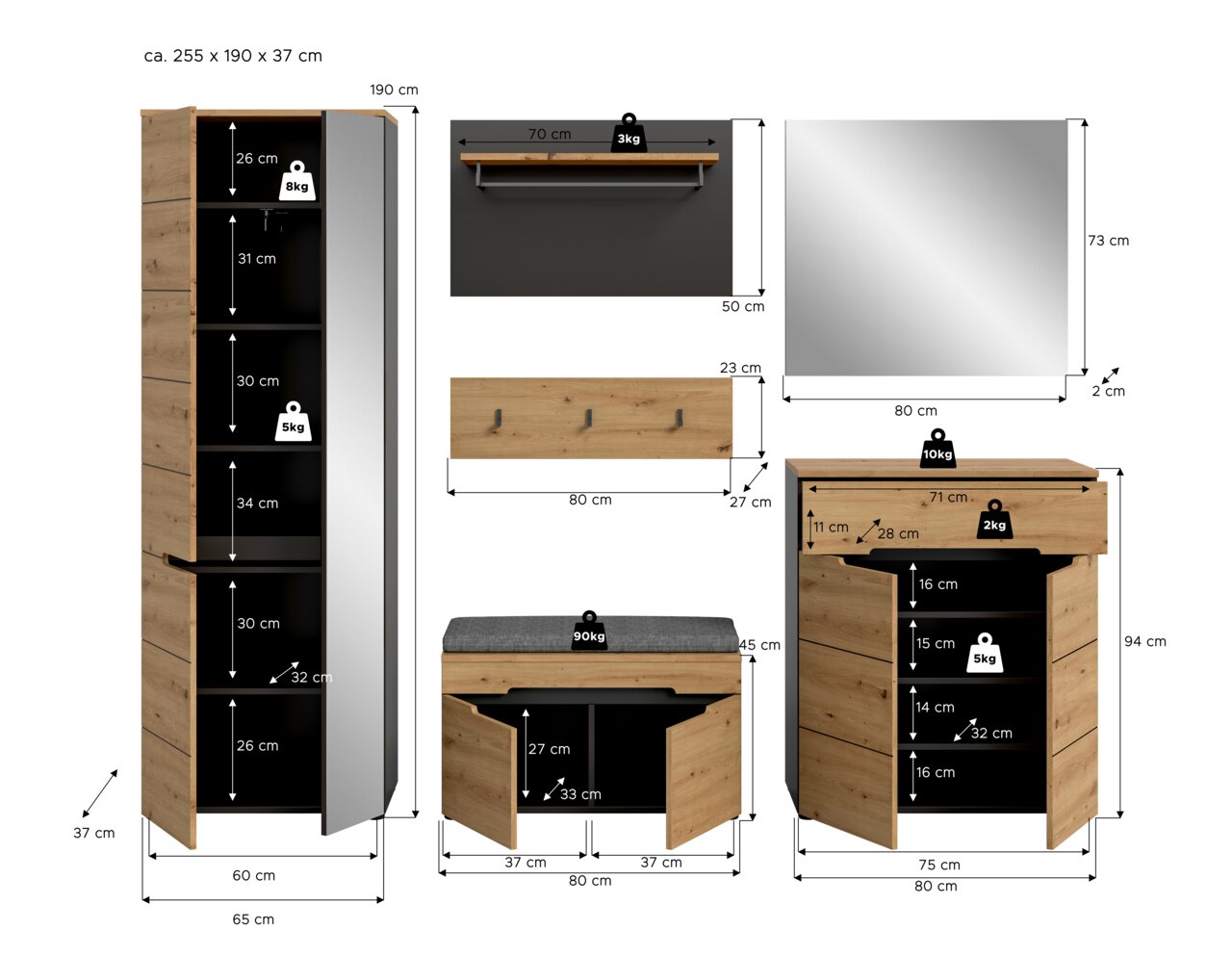 Maßgrafik eines Flur-/Garderoben-Sets in Eiche-Optik mit schwarzem Innenraum: hoher Schrank mit geöffneter Tür, Sitzbank mit Polster und Klappe, Kommode/Schuhschrank mit geöffneter Klappe, Wandpaneel mit Haken, Wandregal und Spiegel – Frontansicht mit ein