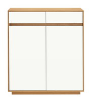 Frontansicht einer modernen Kommode aus der VOSS Kommoden Serie V100 mit zwei Schubladen und zwei Türen in Holzoptik und weißem Finish.