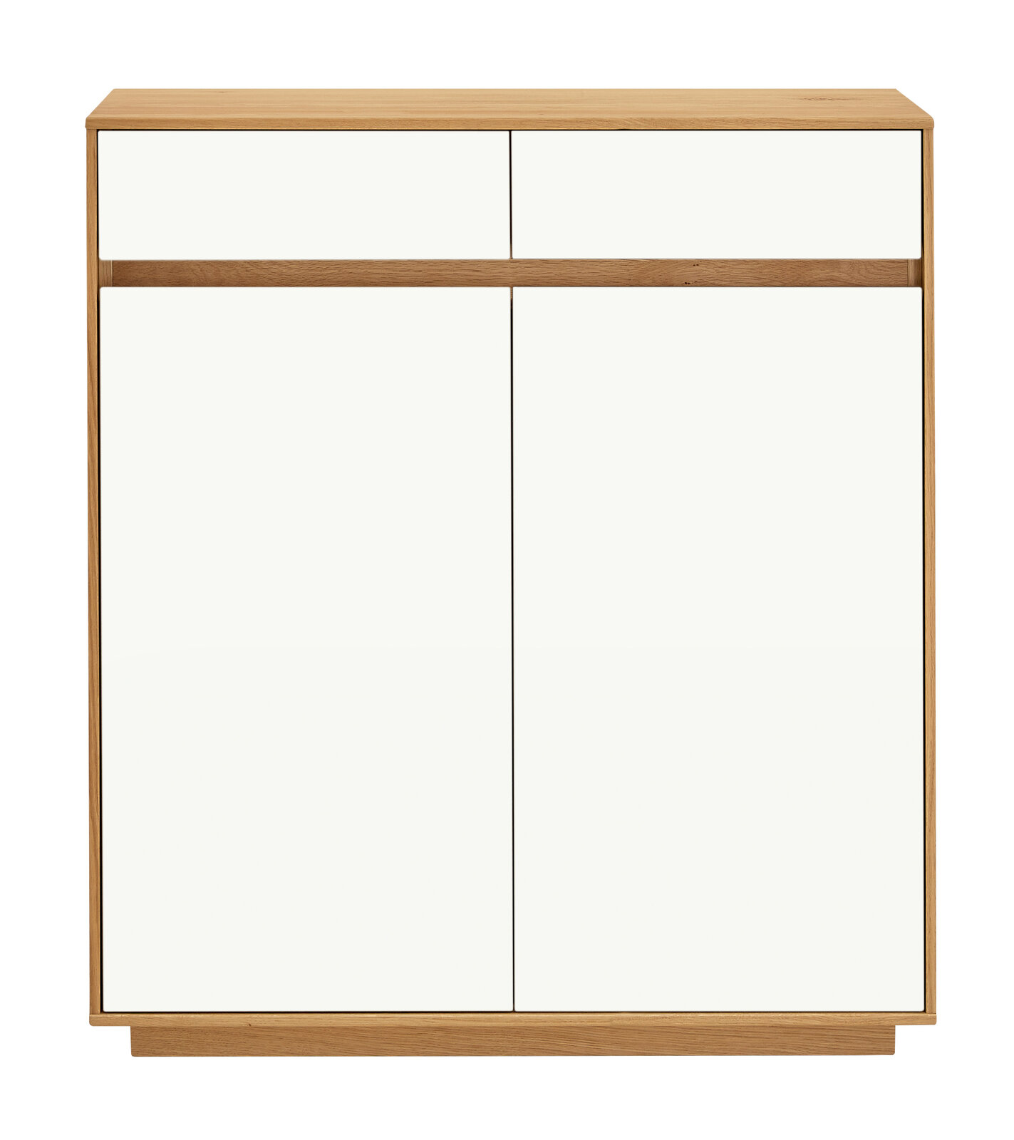 Frontansicht einer modernen Kommode aus der VOSS Kommoden Serie V100 mit zwei Schubladen und zwei Türen in Holzoptik und weißem Finish.