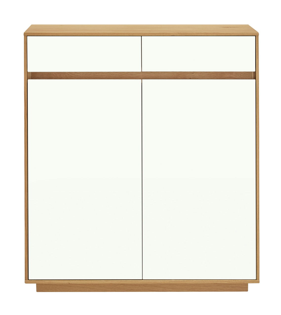 Frontansicht einer modernen Kommode aus der VOSS Kommoden Serie V100 mit zwei Schubladen und zwei Türen in Holzoptik und weißem Finish.