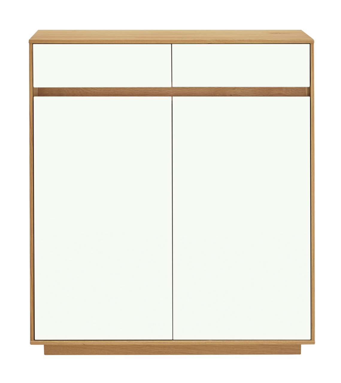 Frontansicht einer modernen Kommode aus der VOSS Kommoden Serie V100 mit zwei Schubladen und zwei Türen in Holzoptik und weißem Finish.