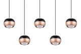 Fünf moderne Pendelleuchten Orbit in Kugelform, schwarz und kupferfarben, von unten betrachtet.