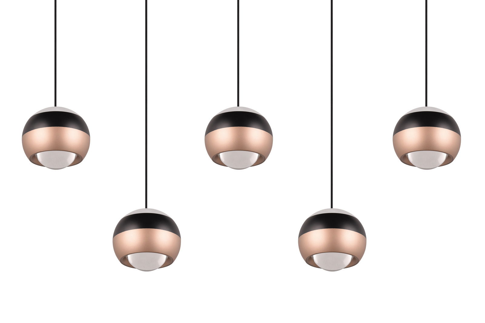 Fünf moderne Pendelleuchten Orbit in Kugelform, schwarz und kupferfarben, von unten betrachtet.