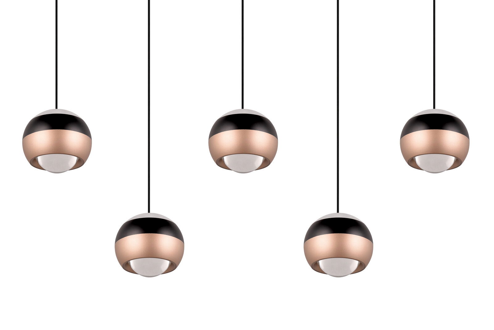 Fünf moderne Pendelleuchten Orbit in Kugelform, schwarz und kupferfarben, von unten betrachtet.