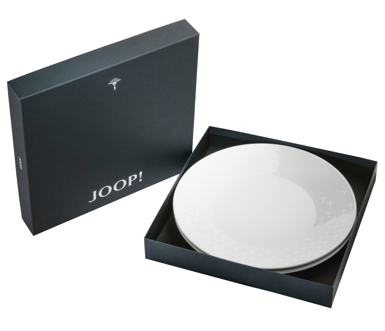 Set dinerborden in donkergrijs, gezien van bovenaf in een geopende zwarte verpakking met het JOOP!-logo