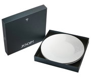 Speiseteller Set in Dunkelgrau von oben in geöffneter schwarzer Verpackung mit JOOP! Logo