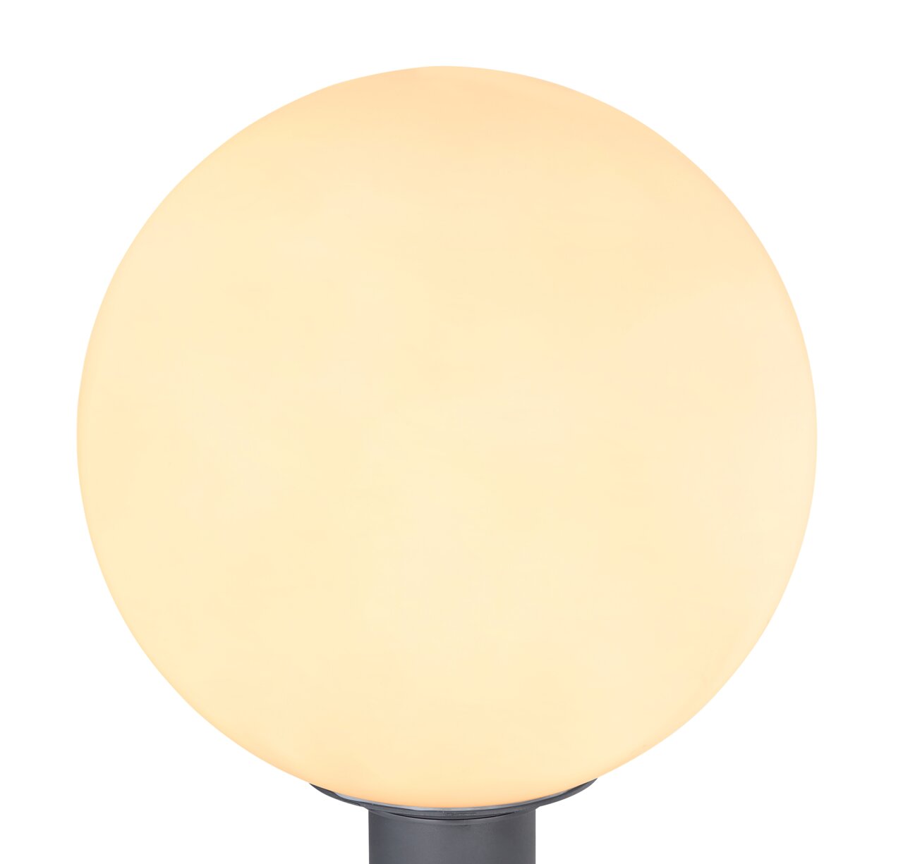 Runde Außenleuchte mit warmem Licht, frontal aufgenommen