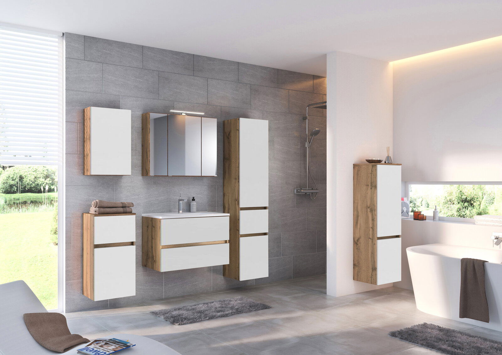 Moderner Badezimmer-Hochschrank in Holzoptik mit weißen Fronten, seitliche Perspektive.