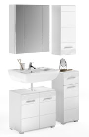Moderne Badkombination in Weiß mit Spiegelschrank, Waschbecken und Stauraum, frontal betrachtet.