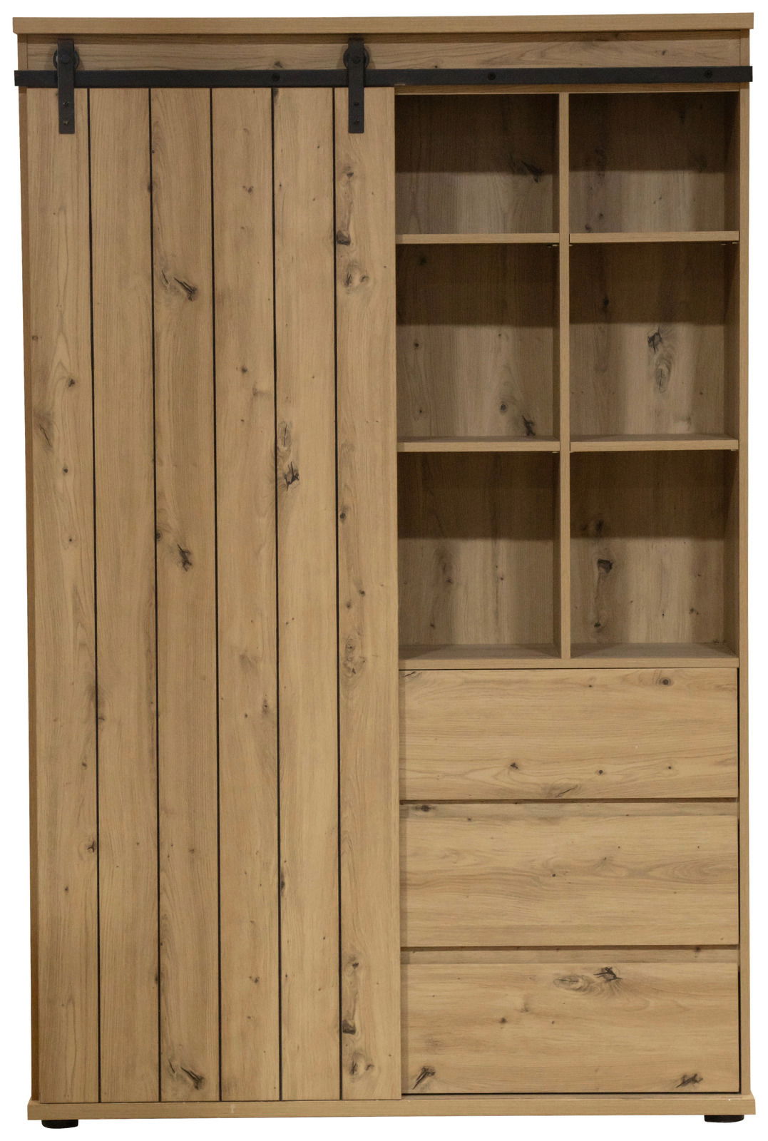 Frontansicht eines Highboards aus Holz mit Schiebetür und offenen Regalfächern.