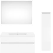 Moderne Badkombination in Weiß mit Spiegel, Waschbeckenunterschrank und hohem Schrank, Frontalansicht.