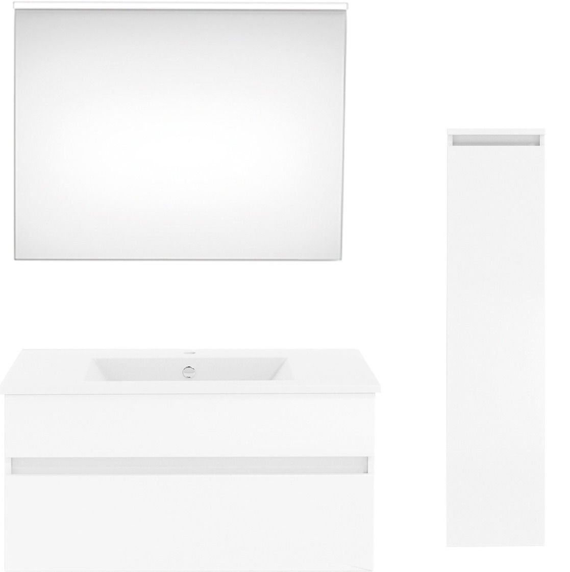 Moderne Badkombination in Weiß mit Spiegel, Waschbeckenunterschrank und hohem Schrank, Frontalansicht.