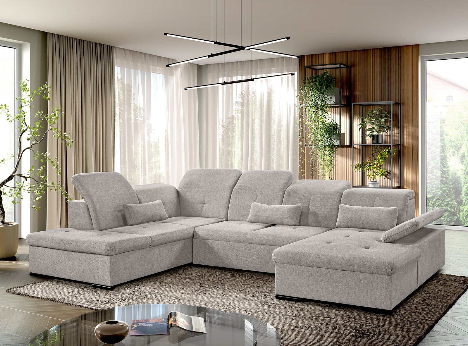 Graue Ecksofa mit verstellbaren Kopfstützen in einem modernen Wohnzimmer, seitliche Perspektive