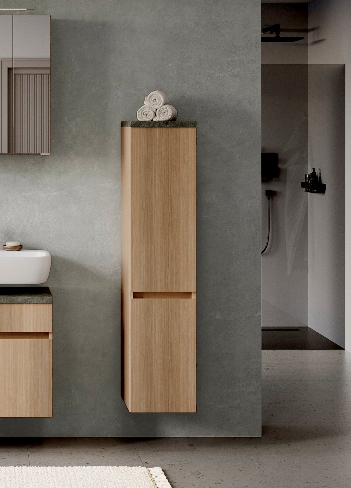 Moderner Midischrank 30 cm in Holzoptik, an der Wand montiert, mit Handtüchern obenauf, seitliche Perspektive