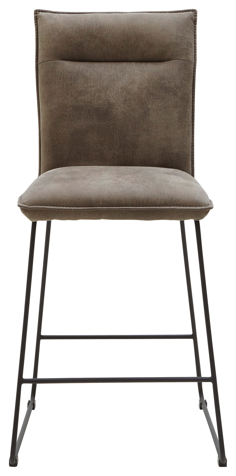 Vorderansicht eines modernen Tresenstuhls mit gepolstertem Sitz und Rückenlehne in braunem Stoff, auf schwarzen Metallbeinen.