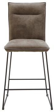 Vorderansicht eines modernen Tresenstuhls mit gepolstertem Sitz und Rückenlehne in braunem Stoff, auf schwarzen Metallbeinen.