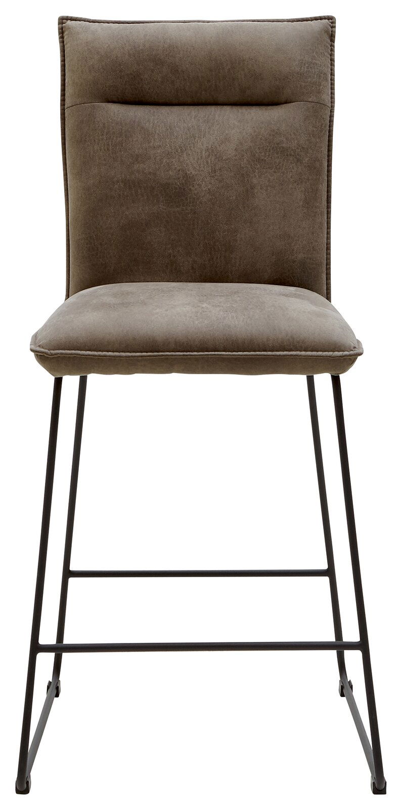 Vorderansicht eines modernen Tresenstuhls mit gepolstertem Sitz und Rückenlehne in braunem Stoff, auf schwarzen Metallbeinen.