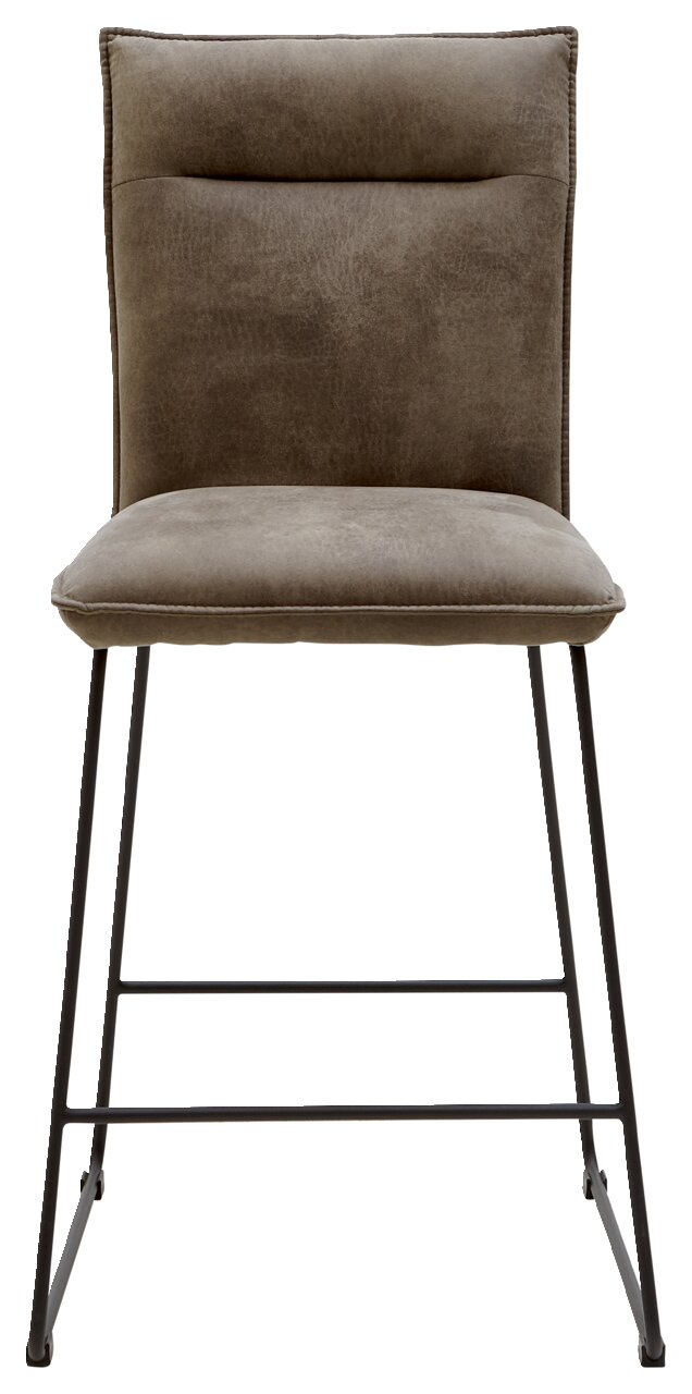 Vorderansicht eines modernen Tresenstuhls mit gepolstertem Sitz und Rückenlehne in braunem Stoff, auf schwarzen Metallbeinen.