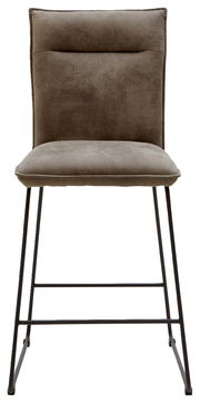 Vorderansicht eines modernen Tresenstuhls mit gepolstertem Sitz und Rückenlehne in braunem Stoff, auf schwarzen Metallbeinen.