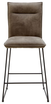 Vorderansicht eines modernen Tresenstuhls mit gepolstertem Sitz und Rückenlehne in braunem Stoff, auf schwarzen Metallbeinen.