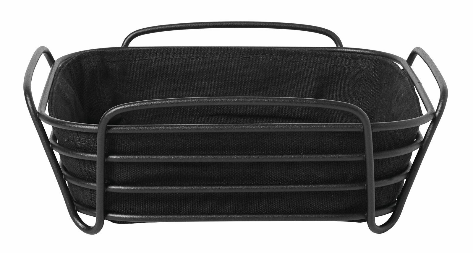 Schwarzer Brotkorb DELARA von Blomus aus Metall mit Stoffeinsatz, frontal fotografiert.