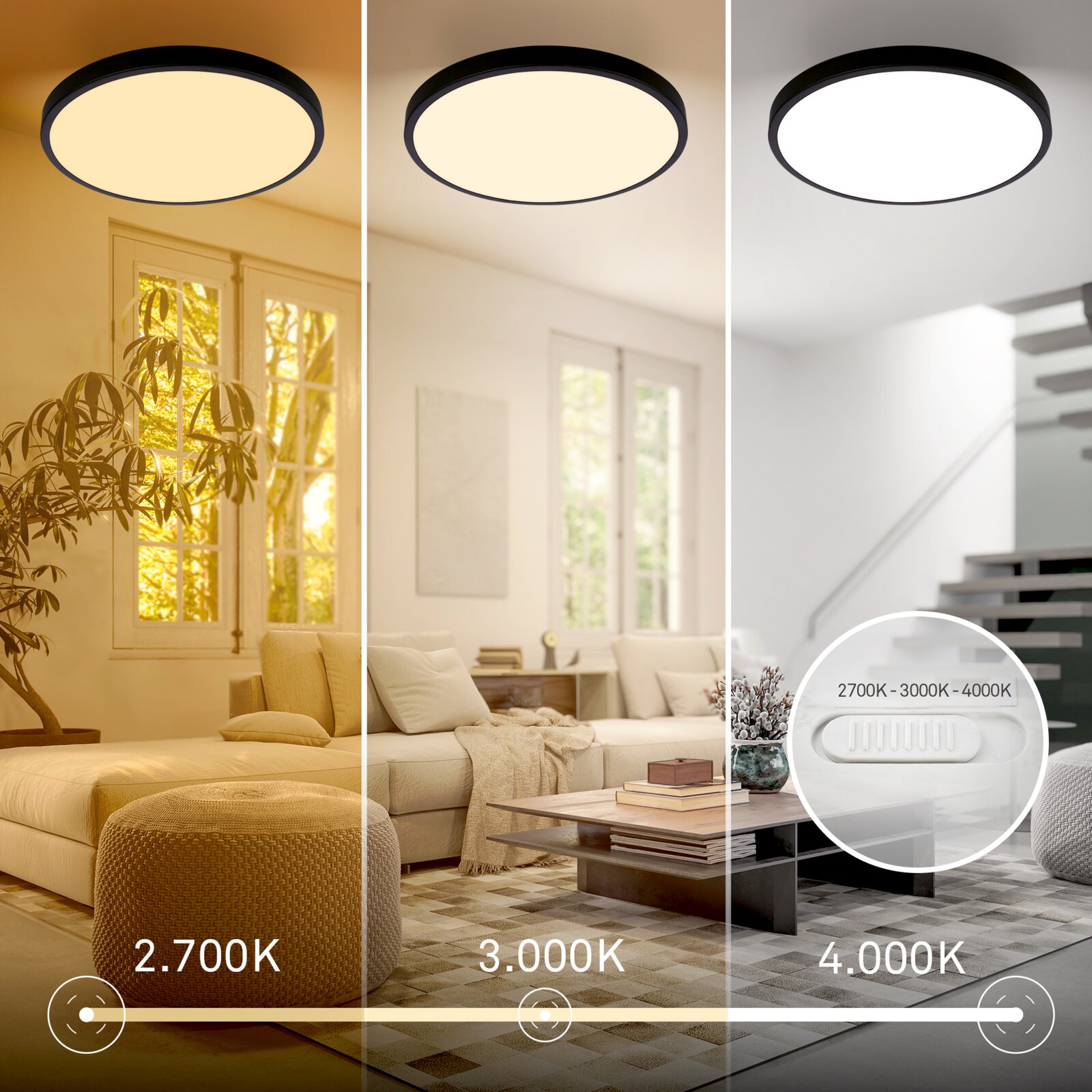 Plafondlamp met ronde zwarte rand en instelbare lichtkleur (2700K/3000K/4000K) in woonkamer, gezien vanuit een laag standpunt omhoog naar het plafond