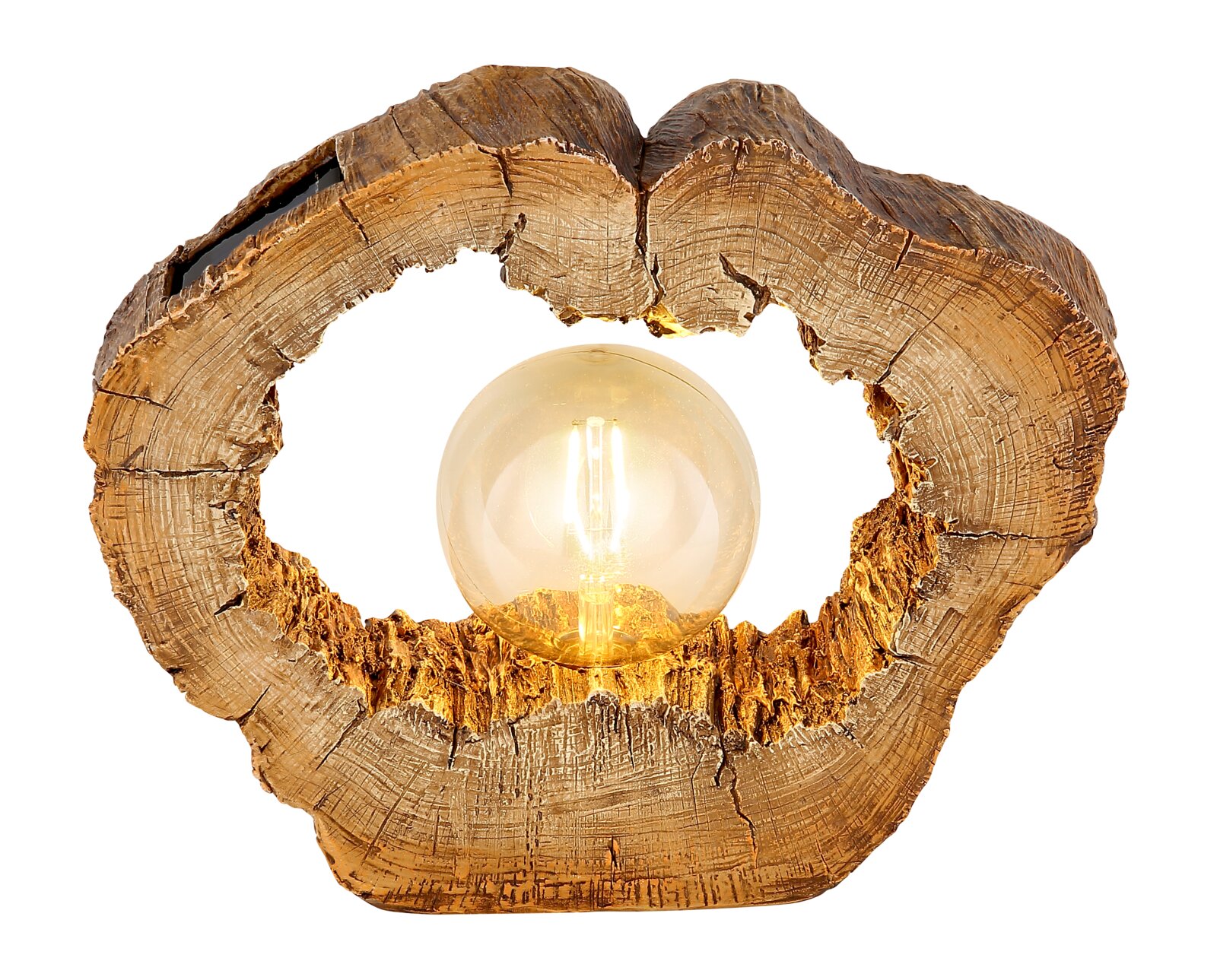 Solarleuchte in Holzoptik mit sichtbarer Glühbirne, frontal betrachtet