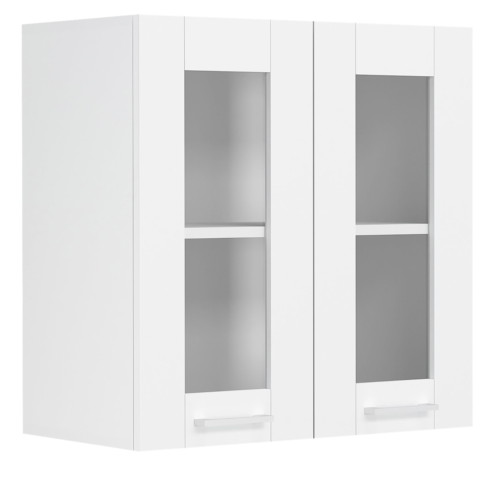 VCM Hängeschrank Glas COLURA Weißer Hängeschrank/Oberschrank mit zwei Glastüren, Einlegeböden und silberfarbenen Griffen, frontal aus leichter Seitenperspektive vor weißem Hintergrund
