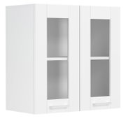 Weißer Hängeschrank/Oberschrank mit zwei Glastüren, Einlegeböden und silberfarbenen Griffen, frontal aus leichter Seitenperspektive vor weißem Hintergrund