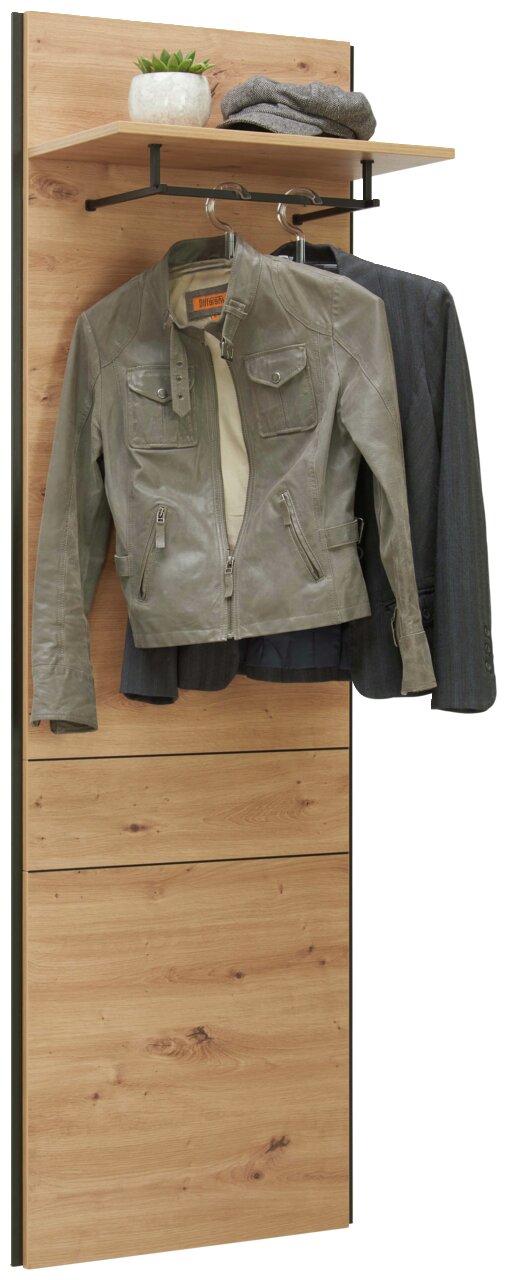 Wandpaneel aus Holz mit Kleiderhaken, Ablage und dekorativer Pflanze, seitliche Perspektive