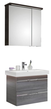 Moderne badkamercombinatie met spiegelkast en wastafelonderkast in houtlook, vooraanzicht