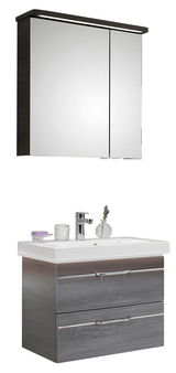 Moderne Badkombination mit Spiegelschrank und Waschbeckenunterschrank in Holzoptik, Frontalansicht