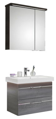 Moderne Badkombination mit Spiegelschrank und Waschbeckenunterschrank in Holzoptik, Frontalansicht