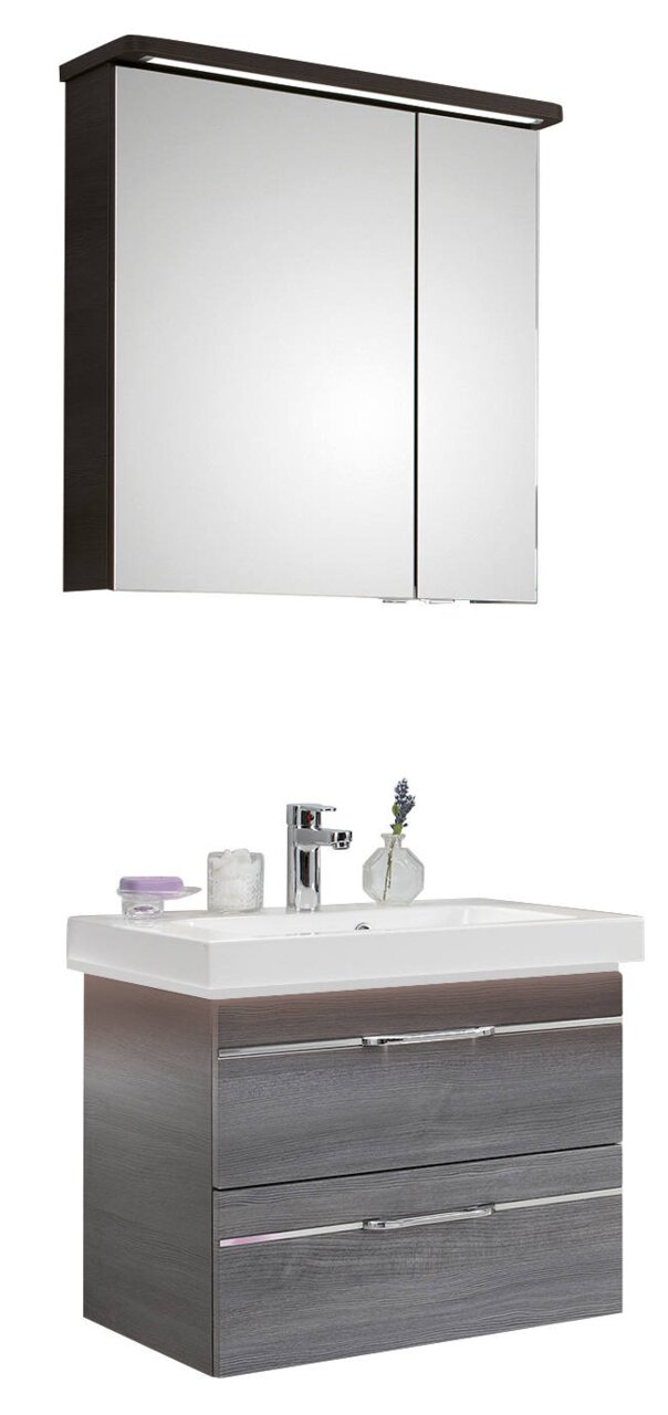 Moderne Badkombination mit Spiegelschrank und Waschbeckenunterschrank in Holzoptik, Frontalansicht